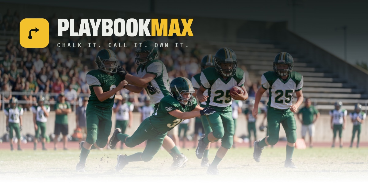 Youth football players running a play, with the PlaybookMax wordmark