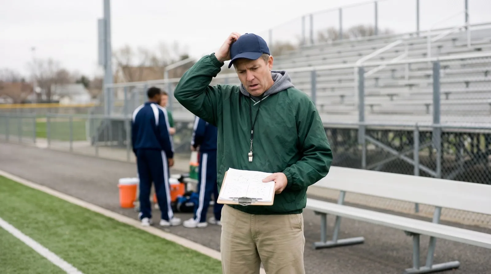 A volunteer coach on the sideline, scratching his head over a clipboard of hand-drawn plays