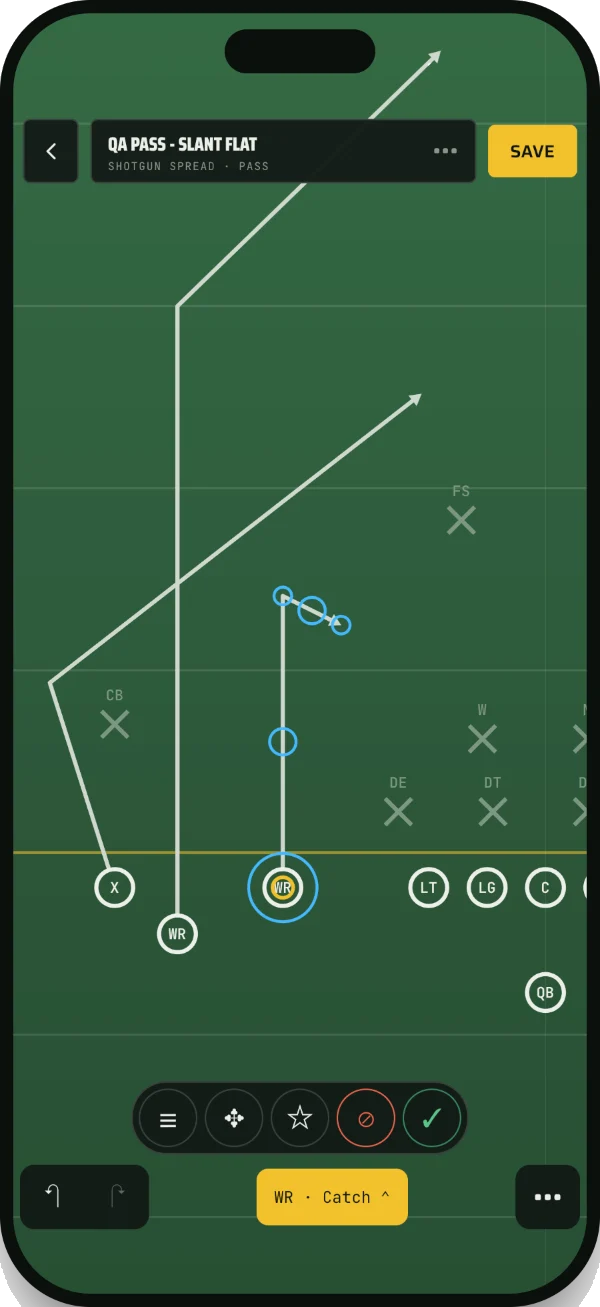 Playbook designer on an iPhone: drawing routes for QA Pass, Slant Flat