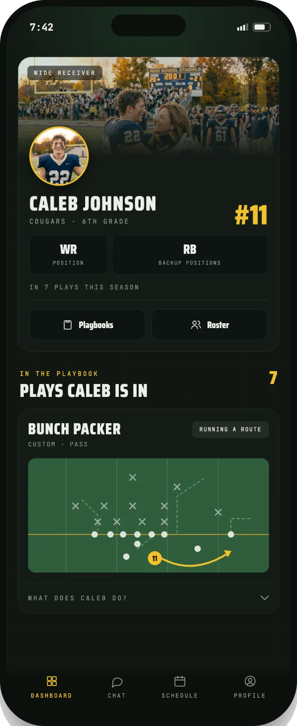 A player card showing position, backups, and the plays he is in