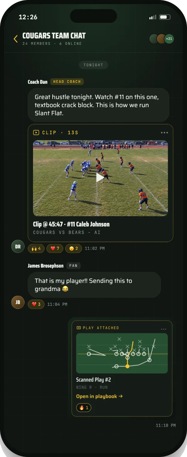 Team chat with a clip, reactions, and an attached play