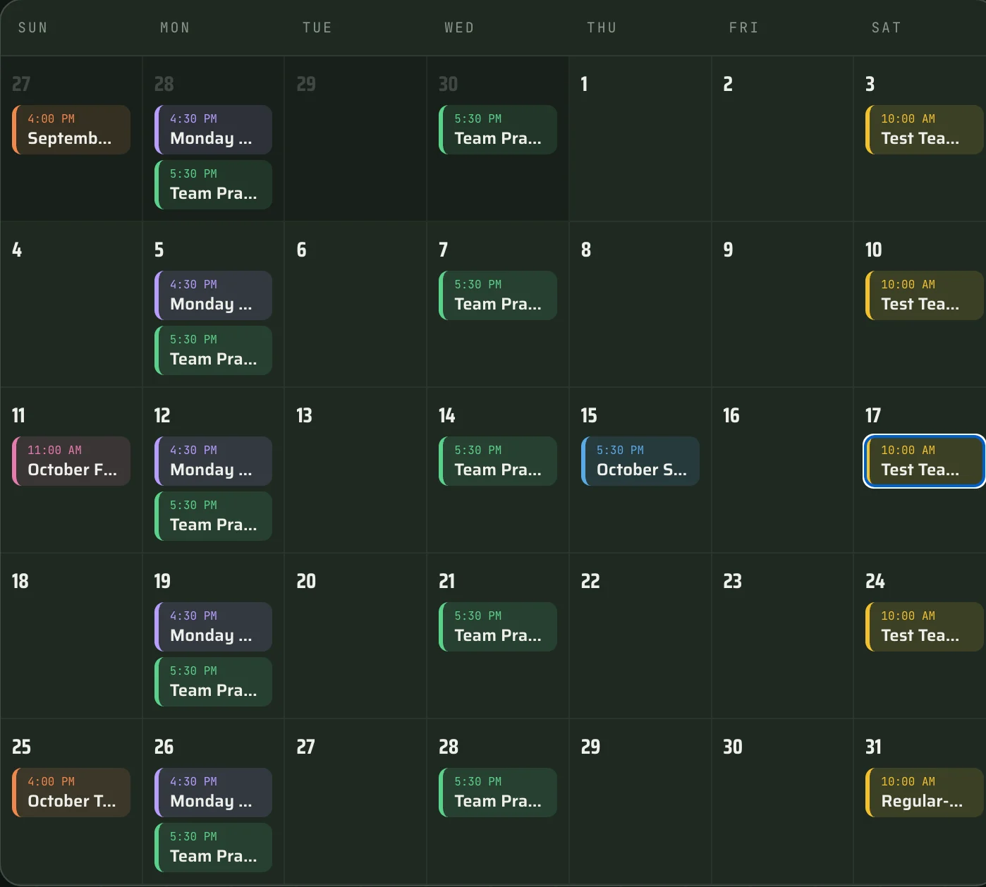 October team calendar with practices, film nights, and games